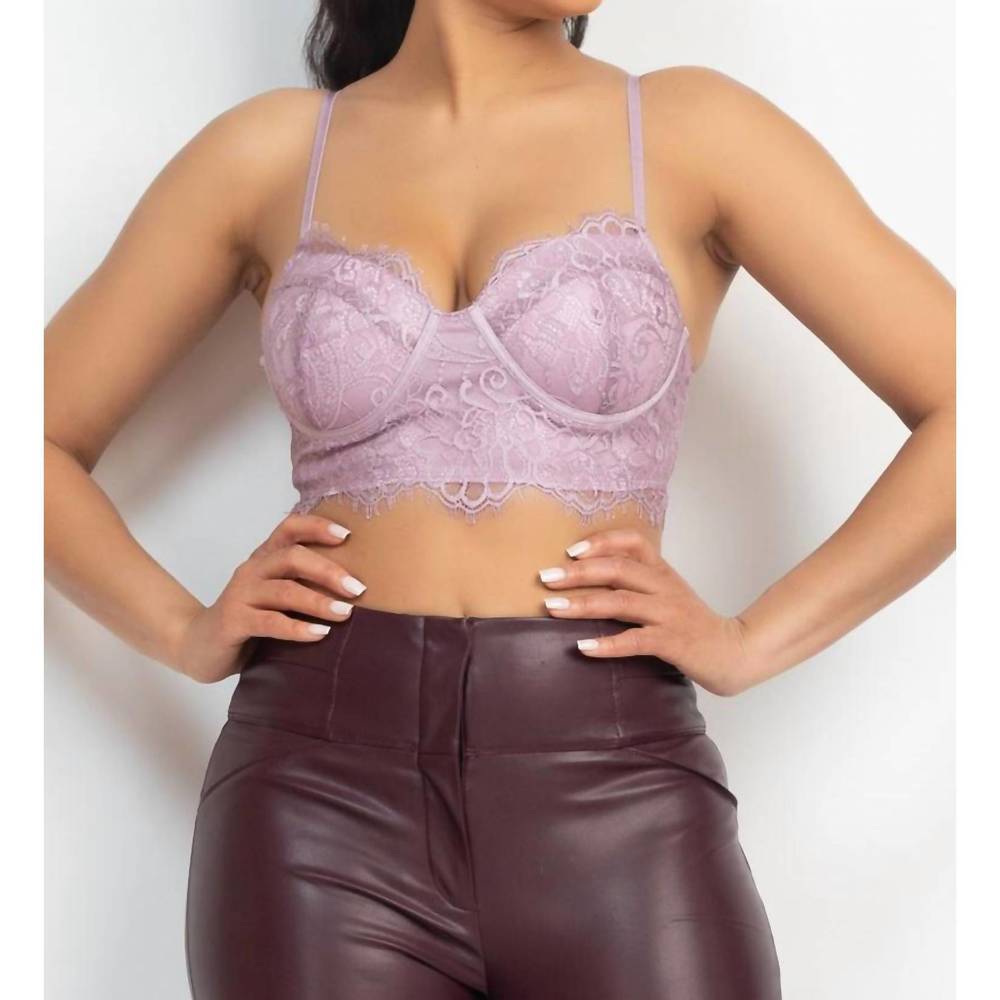 NEW HAUTE MONDE hook-and-eye floral lace bralette top in dusty lavender